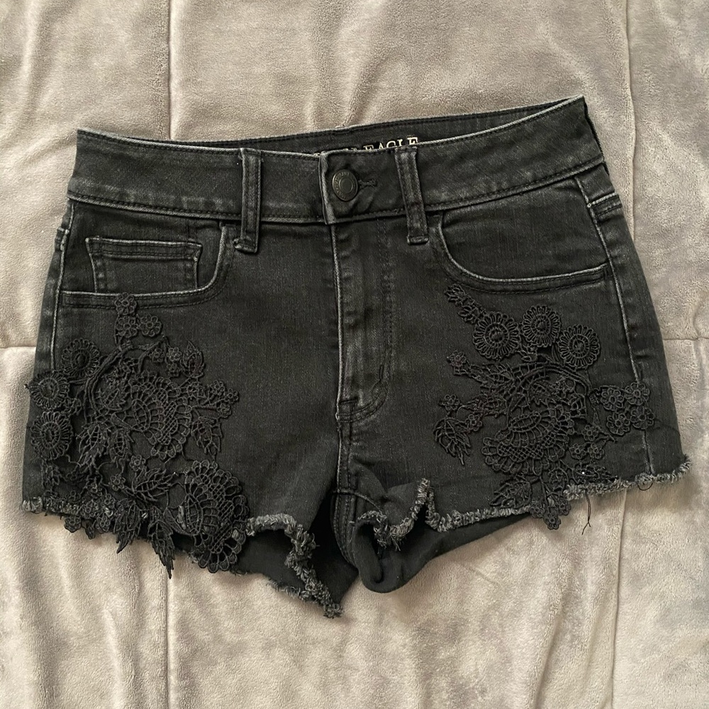 American Eagle Black Embroidered Cutoffs